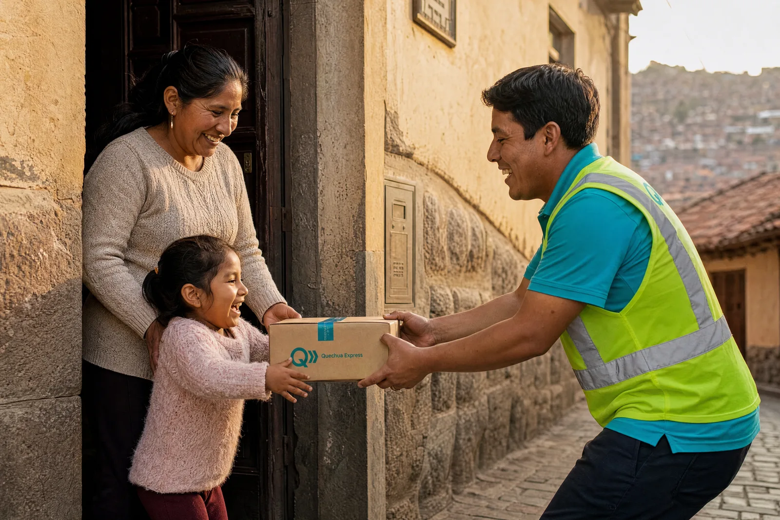Una familia recibe su encomienda en la puerta de su casa en Cusco